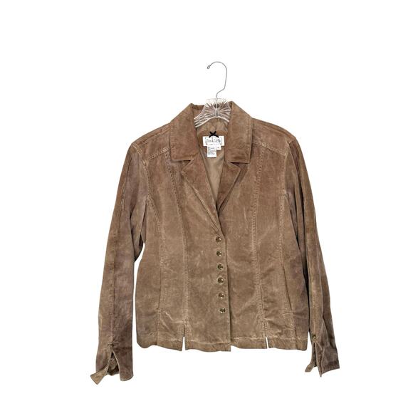 Live A Little Leather Jacket Brown Suede Button Up Y2K Vintage Large Petite - Picture 1 of 12